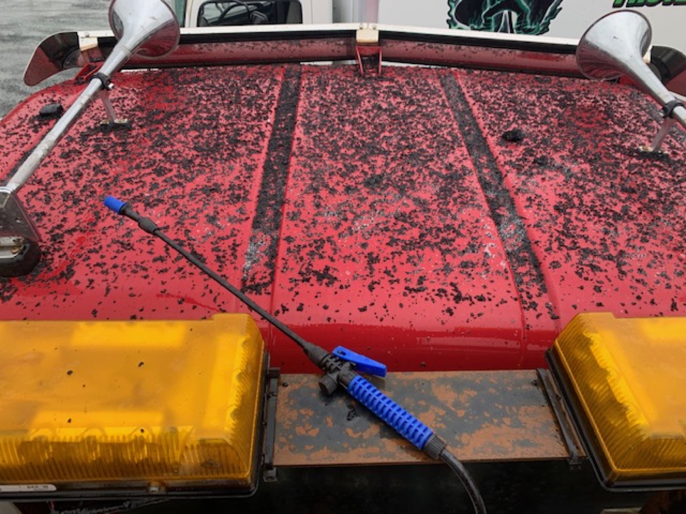 Truck hood before washing, heavy dirt build up