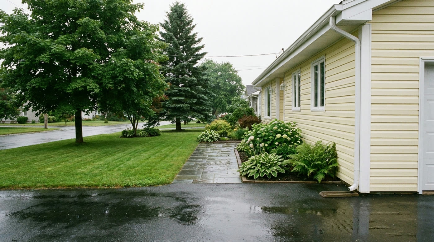 A washed Nova Scotia home exterior with clean siding and a wet driveway after pressure washing