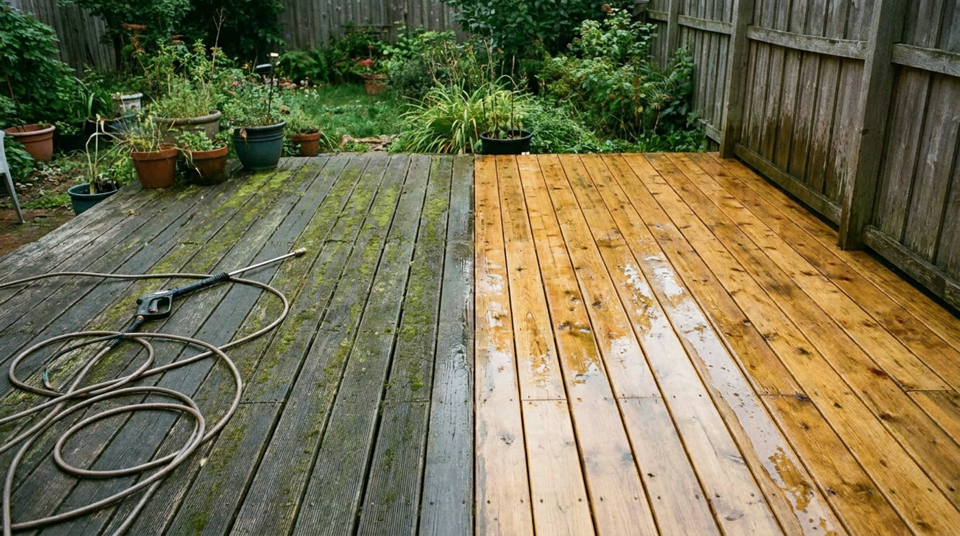 A backyard deck half washed, weathered grey boards beside bright clean wood