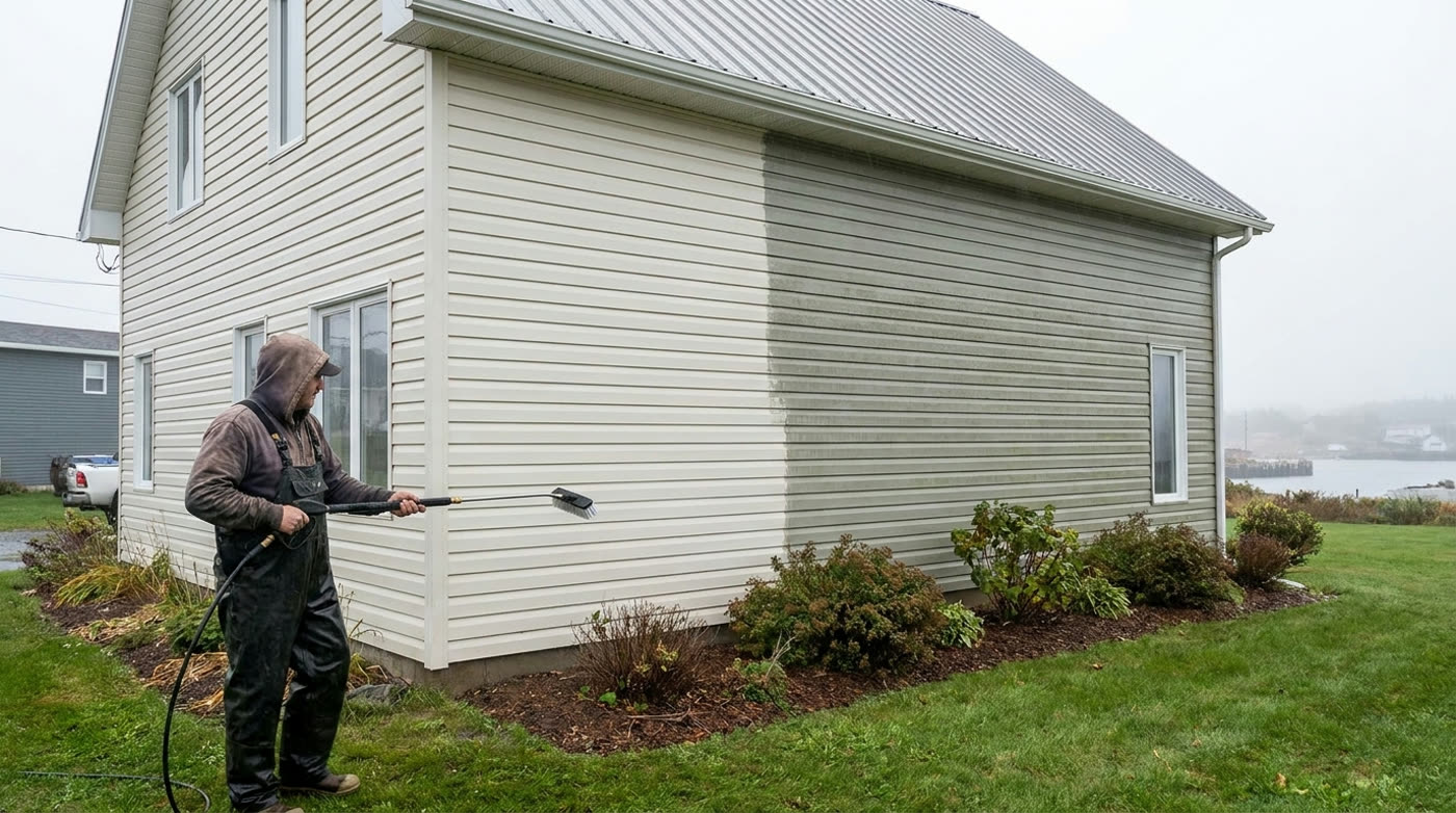An O'Brien's operator soft washing the siding of a Nova Scotia home