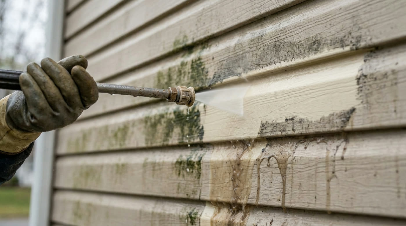 A wand lifting green algae off house siding, leaving a bright clean stripe