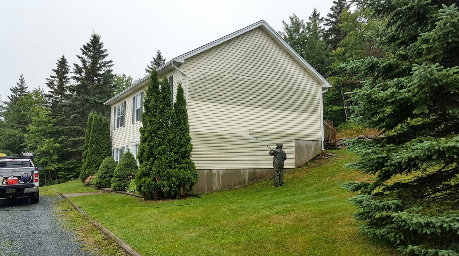 A newer Bedford home in pale vinyl siding being soft washed on a wooded slope