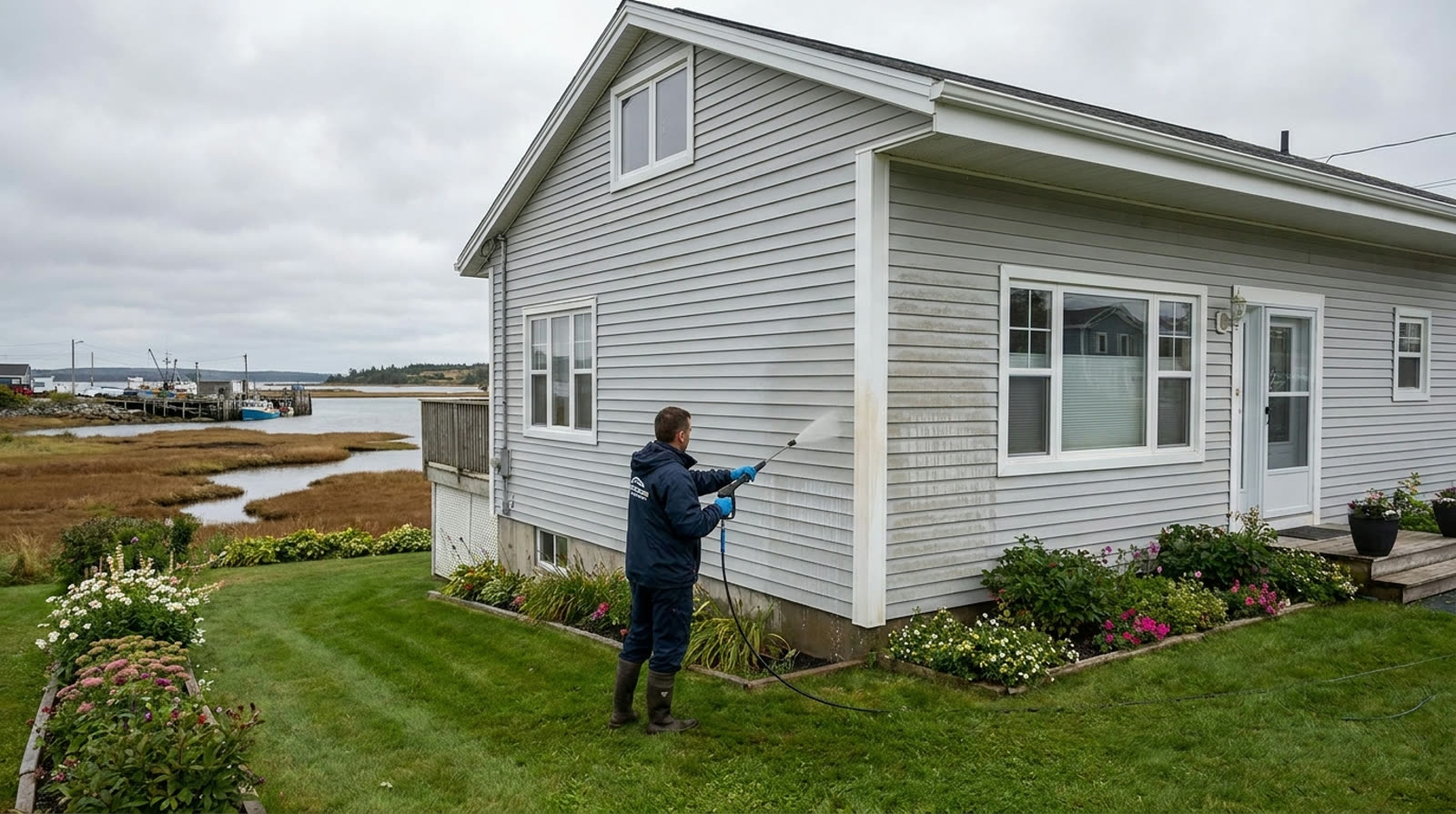 A coastal Cole Harbour home being washed with the inlet and marsh grass behind it
