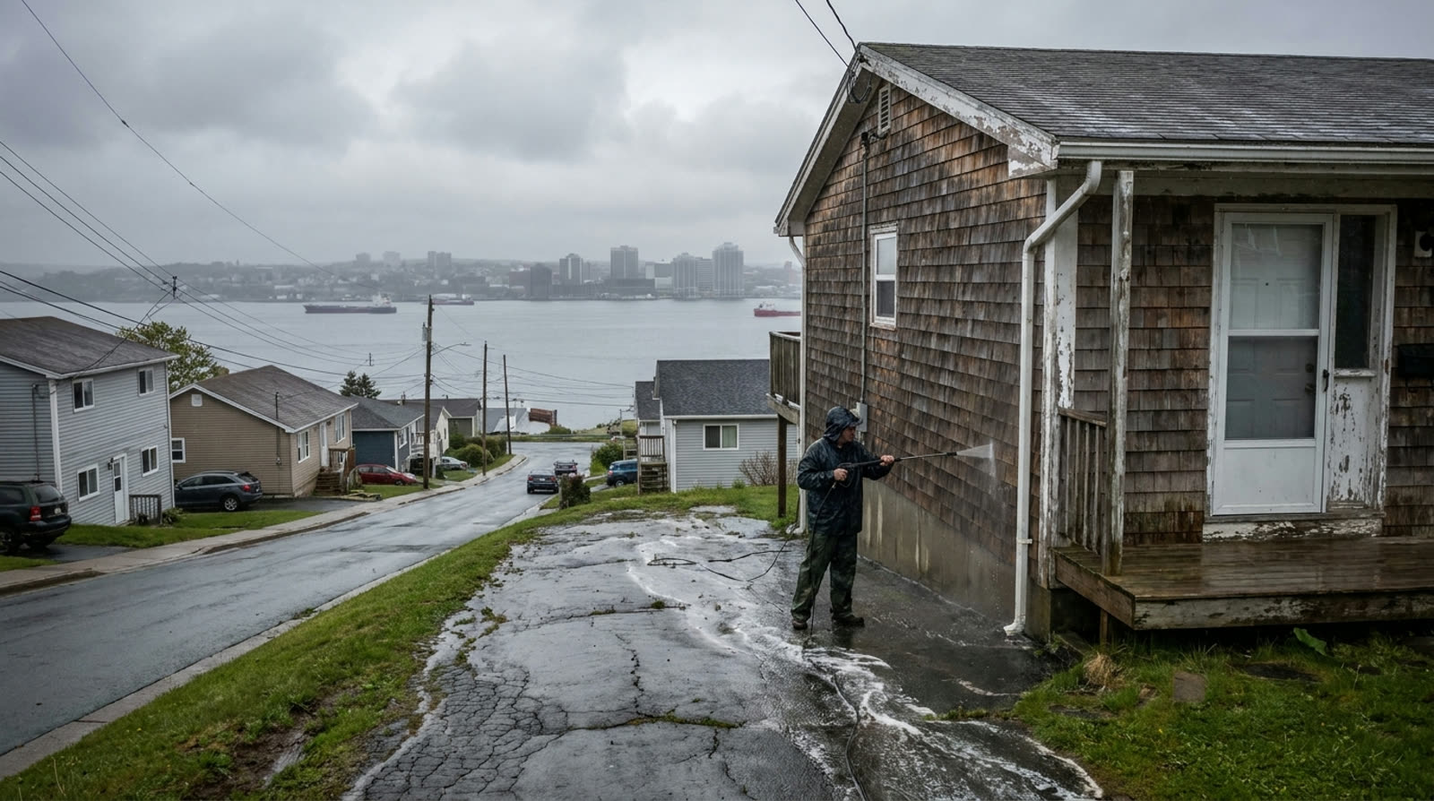 A Dartmouth home being pressure washed on a street sloping down toward Halifax harbour