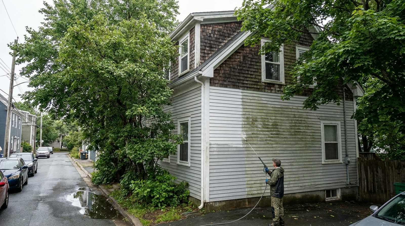 An older Halifax peninsula home being soft washed, algae stained wood siding under mature trees