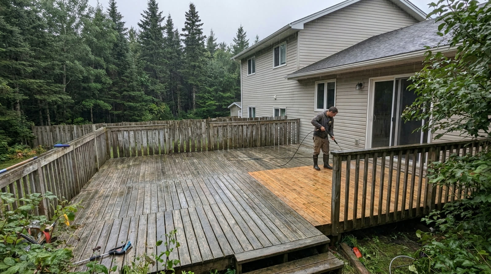 A deck being washed at a Sackville family home backing onto woods, clean boards beside weathered grey
